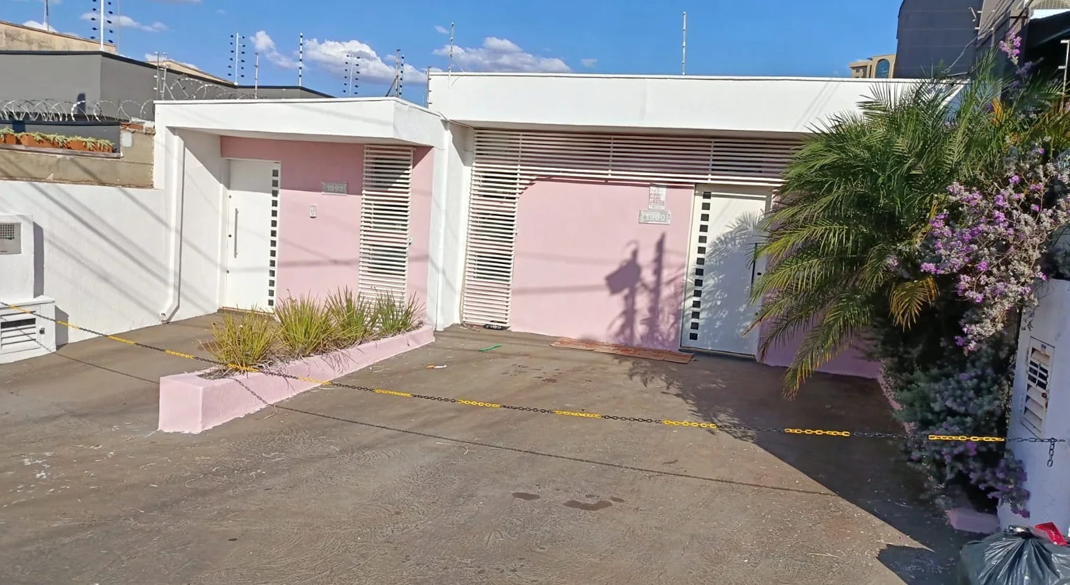 Fachada da clínica: casa térrea branca e rosa, com brise de ripas brancas, canteiro, palmeira e um pé de flores roxas na frente